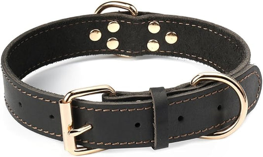 Leather Dog Collar, Heavy Duty, Wide, for Medium & Large Dogs, Single Stitch - Black