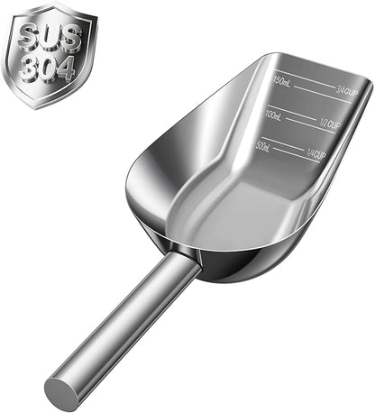 Dog-Cat Food Scoop 3/4 Cup, SSyang Thickened 304 Stainless Steel Pet Food Scoop with Long Handle, Precision Scale, Easy to Clean, Suitable for Wet and Dry Food