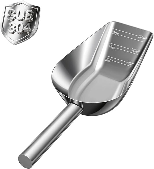 Dog-Cat Food Scoop 3/4 Cup, SSyang Thickened 304 Stainless Steel Pet Food Scoop with Long Handle, Precision Scale, Easy to Clean, Suitable for Wet and Dry Food