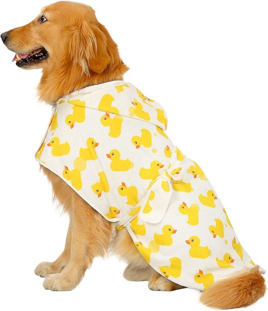 HDE Dog Bathrobe Super Absorbent Quick Drying Puppy Towel Wrap Coat Adjustable After Bath Robes with Hood for Dog Sizes S-XXL White Rubber Ducks XL