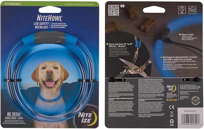 Nite Ize NiteHowl Rechargeable LED Safety Necklace - Dog Light for Dog-Walking Gear - Weather-Resistant Design - 5 Hours Runtime - Cut to Fit from 12” to 27” - Blue
