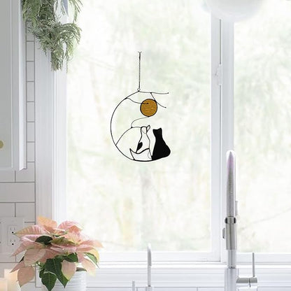 Dog and Cat Friendship Decor Stained Glass Window Hanging,Pet Memorial Gifts Suncatcher for Window,Black Cat Themed Gifts for Cats Lovers,Dog Lovers Giftss for Women