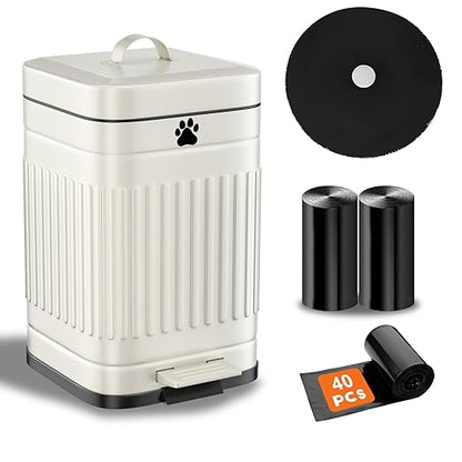Dog Poop Trash Can Outside, 5L/1.3Gal Metal Dog Waste Trash Can with Lid, Foot Pedal, Pet Waste Container with 40 Bags, Poop Bucket with Lid Soft Close for Pet, White