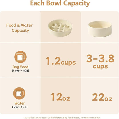 Ceramic 1.2 Cup Raised Slow Feeder Dog Bowl Set, Elevated 6.1inch Bowl and 7.3inch Slow Pet Food Dish with Wooden Stand for Small and Medium Dog (2 x Beige+ Stand)