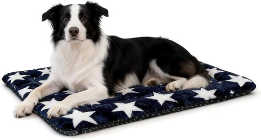 Washable Dog Bed Mat With Anti-Slip Bottom, Deluxe Plush Memory Foam Crate Pad & Waterproof Outdoor Kennel Mat For Dogs & Cats-Durable Crates Beds, Large Medium Small Puppy Size 30" x 20",Blue