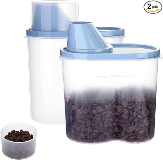 GreenJoy 2 Pack 2lb/2.5L Pet Food Storage Container with Measuring Cup, Can Covers and Bowl for Small Dog, Cat, Waterproof-BPA Free (Blue 1.8L)