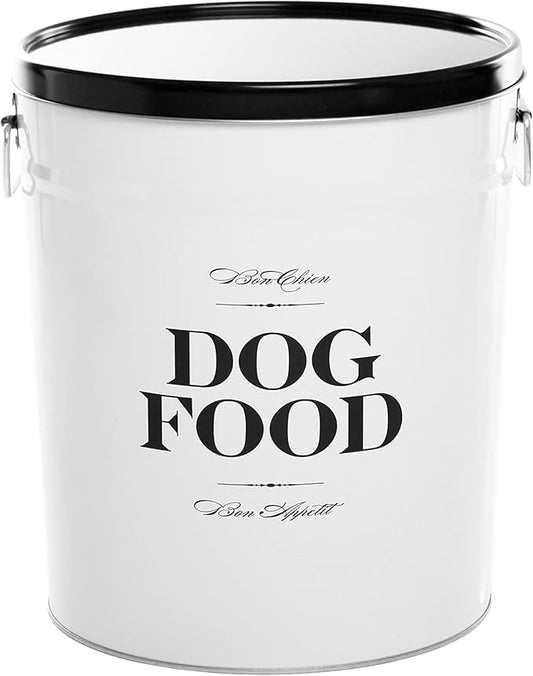 Harry Barker Bon Chien Dog Food Storage Canister – Medium 6.5 gallons, Airtight Stainless Steel Pet Food Container, Stylish Kitchen Counter Dog Kibble Storage with Easy-Open Lid - White