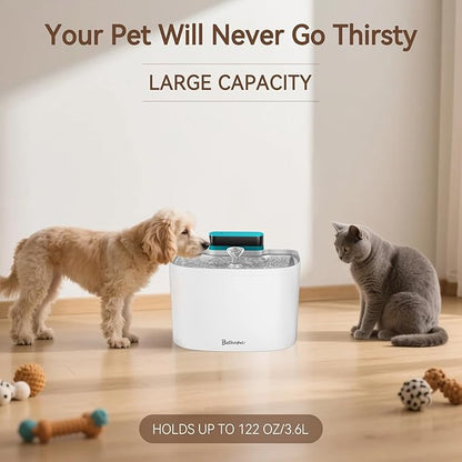 Cat Water Fountain, 122oz/3.6L Pumpless Wireless Cat Fountain, Cordless Water Fountains for Cats Indoor, Battery Operated Dog Pet Water Fountain with Stainless Steel Tray (White, Fountain+8 Fliters)