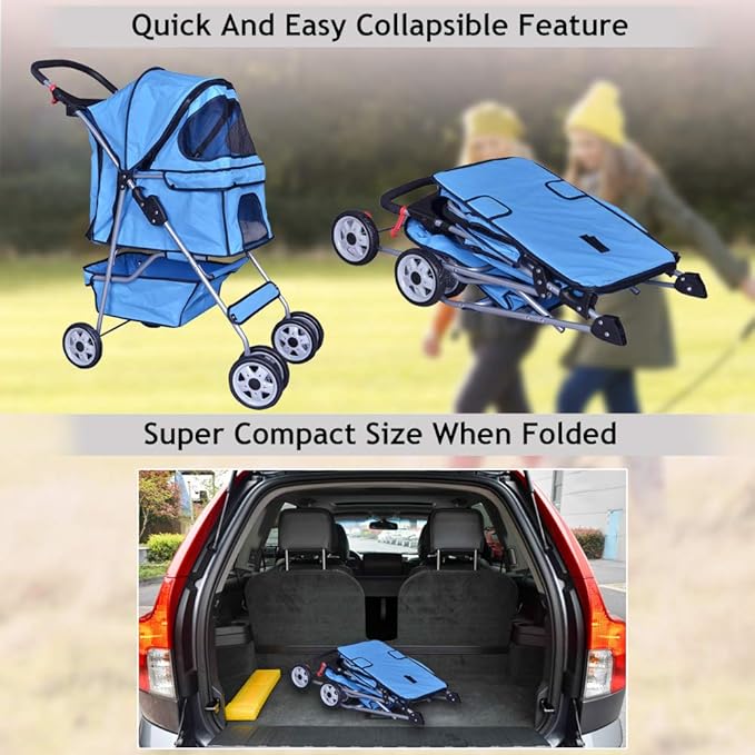 4 Wheels Pet Stroller Cat Dog Cage Stroller Travel Folding Carrier with Cup Holders and Removable Liner for Small-Medium Dog, Cat (Blue)