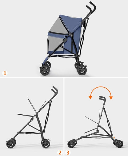 OS MOTOR Pet Stroller with 4 Wheels for Small/Medium Pets, Portable Travel Foldable Carrier Jogger for Dog Cat Puppy Kitty, Rear Wheel Breaks, Storage Basket, Visible Mesh Weather Cover (Navy Blue)