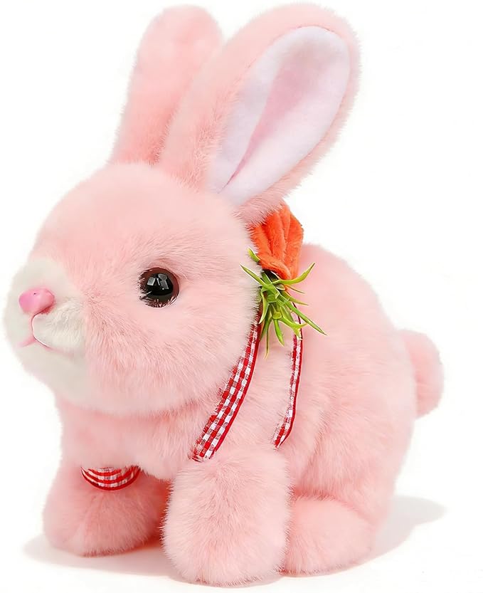 Easfan Walking Pink Rabbit Interactive Electronic Pet Plush Bunny Toy with Sounds Hopping Rabbit Ears Moving Educational Plush Toy Easter Birthday Gifts for Kids Girls, 7''