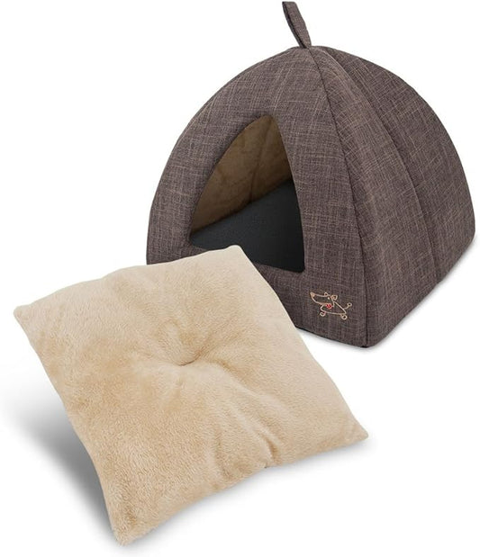 Best Pet Supplies Dog House Bed Crate Mat Tent Indoor Round Soft Plush for Small, Medium, and Large Breeds - Brown Linen, 19 x 19 x H:19"