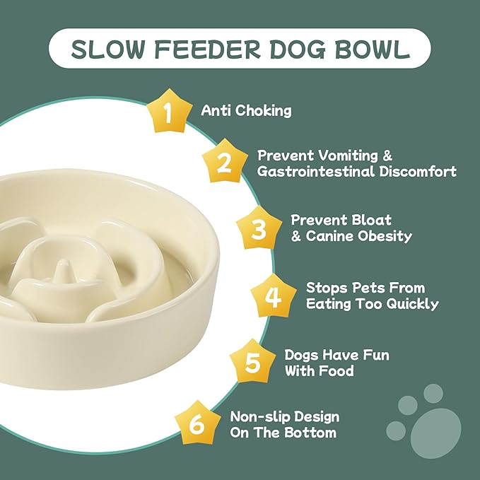 Ceramic 0.9 Cup Raised Dog Slow Feeder Set, Elevated Bowl with Wooden Stand for Small Dog and Cat, 6.1inch Puzzle Slow Dog Food Dish, Anti-Gulping(Beige, Single Bowl+ Stand)