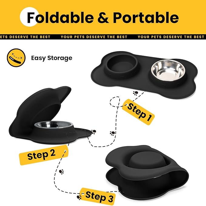 Stainless Steel Dog Bowls with Non-Slip Silicone Mat, Spill Proof Food & Water Bowls Set, Easy Clean Puppy Food Dish, Dishwasher Safe, Suitable for Dogs Cats Pet Under 20lbs, Small, Black