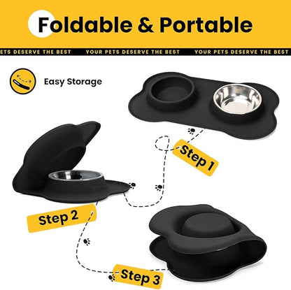 Stainless Steel Dog Bowls with Non-Slip Silicone Mat, Spill Proof Food & Water Bowls Set, Easy Clean Puppy Food Dish, Dishwasher Safe, Suitable for Dogs Cats Pet Under 20lbs, Small, Black