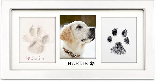 MYPAWLETS Paw Print Frame Kit,Dog/Cat Paw Print Kit,Soft Pawprint Clay&Clean Touch Ink Pad,Pet Paw Print Impression Kit with Customization Tool,Wooden Pet Memorial Frame,DIY Dog Lover Gifts-White