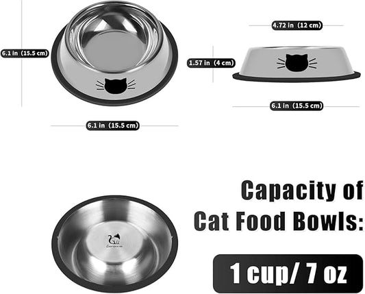 2 Pcs Non-Slip Stainless Steel Small Cat Food Bowls - Unbreakable, Thicken 7 Oz Cat Dishes - Indoor, Removable Rubber Base, Easily Clean, Lovely Color
