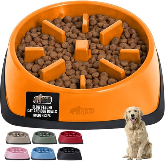 GORILLA GRIP Patented BPA Free Slow Feeder Dog Bowls, 4 Cup Interactive Puzzle Toy for Dogs and Cats Food Training Enrichment, Keeps Pets Busy and Prevents Puppy Overeating, Large Breeds, Orange