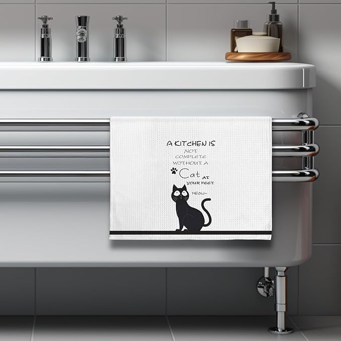 Cat Kitchen Towels - Quick-Dry 'Essential Kitchen Companion' Hand Cloth, Decorative Hand Towel Featuring Upward-Looking Black Feline Art for Pet Moms & Devotees | Home Accent & Crazy Cat Lady Gifts