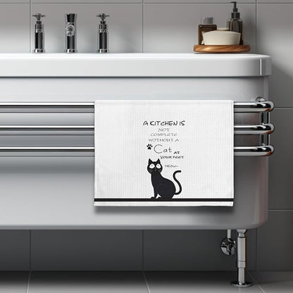 Cat Kitchen Towels - Quick-Dry 'Essential Kitchen Companion' Hand Cloth, Decorative Hand Towel Featuring Upward-Looking Black Feline Art for Pet Moms & Devotees | Home Accent & Crazy Cat Lady Gifts
