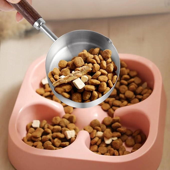 Kichwit Dog Food Scoop, 1 Cup and 1/2 Cup, 304 Stainless Steel Pet Food Scoop Measuring Cup with Wooden Handle, Set of 2
