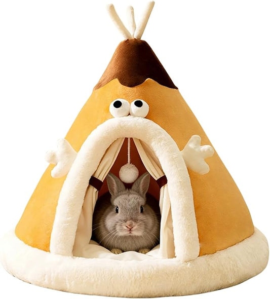 Rabbit Cave Bed, Comfortable Triangle Pet Teepee, Holiday Bunny Cave House and Bed, Extremely Cozy and Warm Tent for Cat Rabbit and Small Dog (Yellow,Medium)