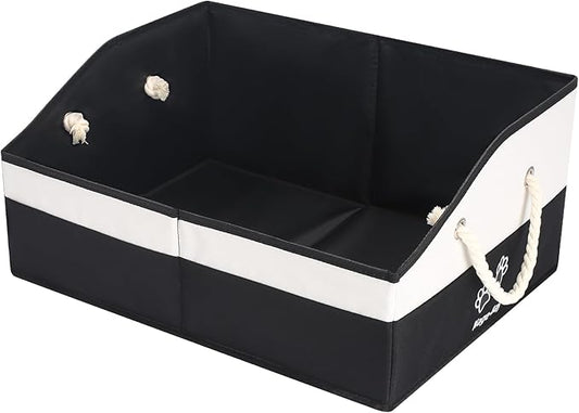 Large Dog Toy Basket With Handle, Foldable Dog Toy Box for Living Room Area, 20" Basket for Dogs Toys, Clothes, Organizers and Storage with Hard Board, Anti-slip for Pet Toys (Black, Medium)