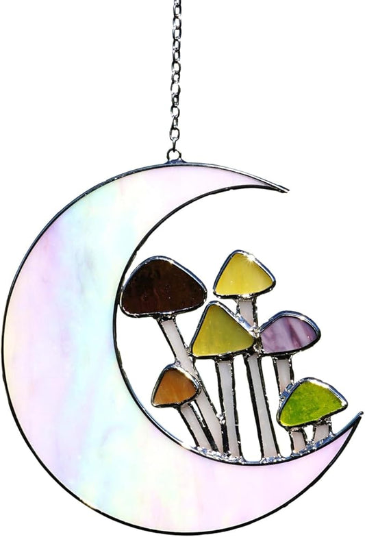 Sensory4U Stained Glass Mushroom Moon Suncatcher – 5.5" Hanging Window Decor – Earth Tone Crescent Moon with Mushrooms – Garden Ornament or Home Wall Art for Natural Light Reflection