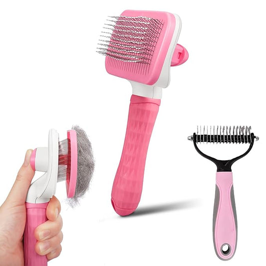Dog & Cat Brush Kit 2PCS, Self Cleaning Slicker Brush for Pets, Dog Brush for Shedding Massaging and Grooming, Removes Loose Undercoat & Portable Comb for Long Short Haired Dogs(Pink)