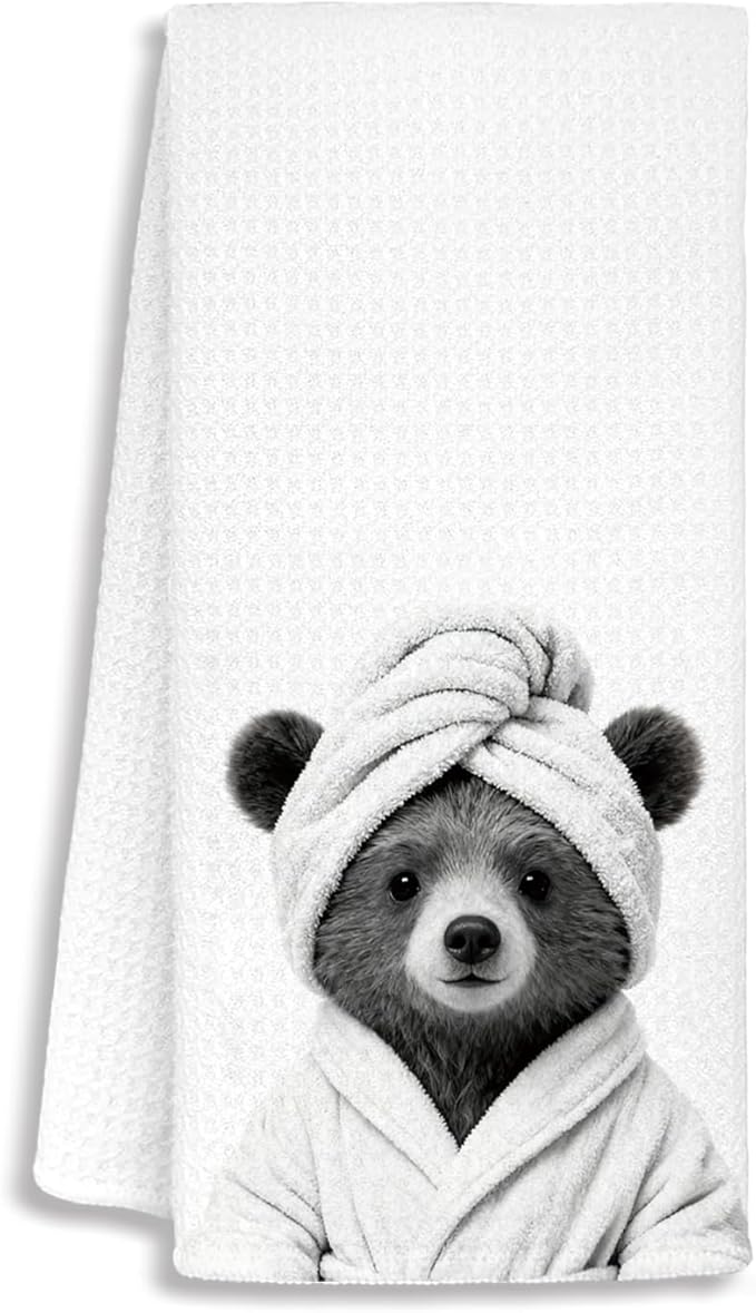 Funny Bear Bathroom Hand Towels, Bear Lovers Gifts for Women, Animal Lover Gifts, Black and White Farmhouse Wild Animal Decorative Hand Towels for Bathroom Decor, 16x24 Inch
