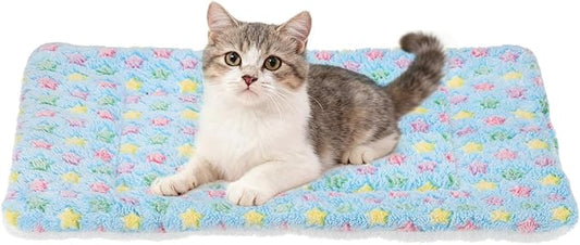 Dog Cat Bed Mat, Soft Coral Fleece Pet Cushion Pad with Cute Star Print, Warm Washable Pet Bed 21x14 Inches, (Blue), Intended for Medium Small Dog Cat