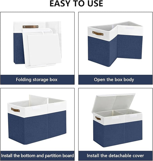 Large Toy Storage Box with Lids, Collapsible Sturdy Baby Storage Organizer Chest Bin Basket for Kids, Boys, Girls, Playroom, Nursery, Bedroom, Closet 25"x13"x16" (Navy Blue and White)