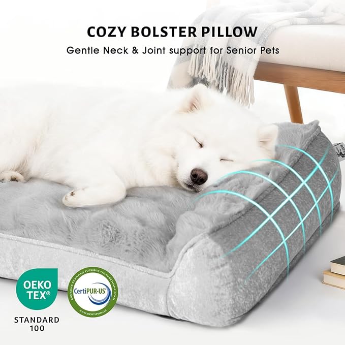 Dog Bed with Shredded Foam Filling, 35" * 25" Calming Pet Sofa with Removable Washable Cover, Soft Faux Fur Bolster Couch for Dogs, Anti-Slip Bottom (Gray, Small)