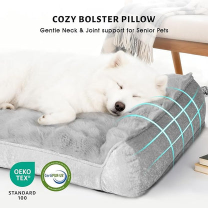 Dog Bed with Shredded Foam Filling, 35" * 25" Calming Pet Sofa with Removable Washable Cover, Soft Faux Fur Bolster Couch for Dogs, Anti-Slip Bottom (Gray, Small)