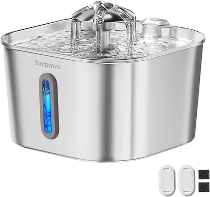 SARPAWS Cat Water Fountain Stainless Steel：74oz/2.2L Water Fountains for Cats Indoor, Cat Fountains for Drinking, Ultra-Quiet, Water Level Window, Pet Water Fountain - 2 Filters + 2 Sponges