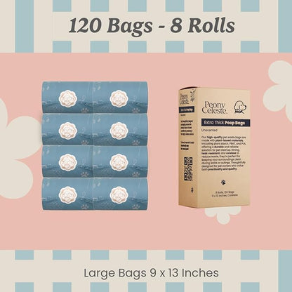 Extra Thick Poop Bags by Peony Celeste - Blue Stone Color, Leak-Resistant, Coreless, Unscented Pet Waste Bags, 9x13 Inches