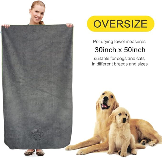 KinHwa Dog Towel Super Absorbent Microfiber Dog Drying Towel Soft Pet Bath Towel for All Dogs and Cats with Embroidered Paw Print 30inch x 50inch Gray