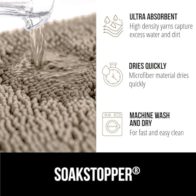 GORILLA GRIP SoakSTOPPER Dog Door Mat, 48x30 Machine Washable Rug Absorbent Doormat Captures Moisture Mud Dirt, Quick Dry Soft Chenille Entryway Rugs Indoor Entrance Mats for Dog Paws, Beige