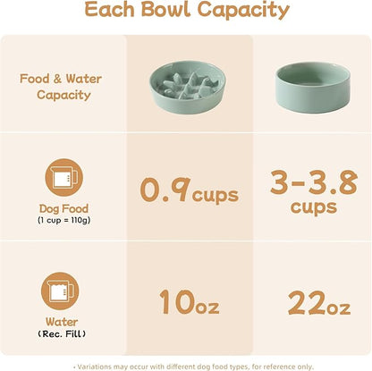 Ceramic 0.9 Cup Raised Slow Feeder Dog Bowl Set, Elevated 6.1inch Slow Dish and 6.1inch Water Bowl with Wooden Stand for Small Dogs (2 x Light Green+ Stand)