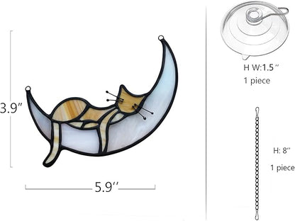 BOXCASA Stained Glass on Moon Cat Windown Hanging,Handcrafted Suncatcher Orange Cat Mom Gifts for Women,Daughter,Mothers Day,Christmas