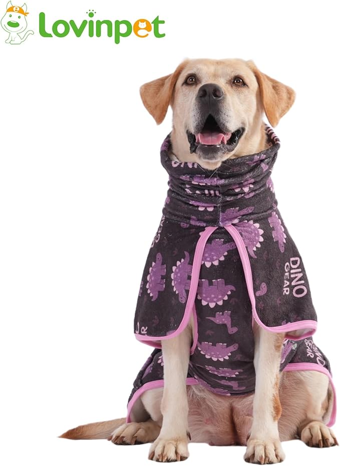 LovinPet 3‑in‑1 Dog Warm Winter Coat & Bathrobe, Hooded Dinosaur Fleece, Lightweight High‑Loft, Absorbent Knit, Quiet Hook‑and‑Loop, Wind‑Blocking Edges, Dog Robes for Medium & Large Dogs, Blue,M