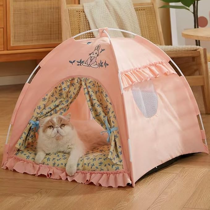 Cute Cat Teepee Cave, Cat Tent Foldable Indoor Outdoor with Thick Mat,Puppy Bed Tent,Bunny Pet Tent Teepee,Portable Dog House Teepee Tent, Cat Bed,Dog Bed Tent,Puppy Bunny,Pet Tent Teepee (Z2, L)