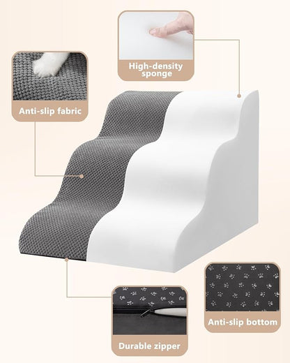 Dog Stairs for Small Dogs,3 Step Dog Ramp for Couch and Bed,Pet Stairs with Non-Slip Bottom for Old Cats,Indoor Pet Steps,Comfort,Durable,15.4" H,Grey