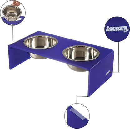 The LICKER Store DBL2001F Keaton 7.5" Medium/Large Modern Acrylic Rectangular Elevated Pet Feeder with 54oz 2-Stainless Steel Bowls, Purple/Chrome
