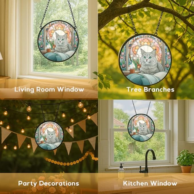11.8in Stained Glass Window Hanging， Gray Cat Sun Catchers Indoor Window， Core Decor Inside and Outside The Cottage，Gifts for Women -376