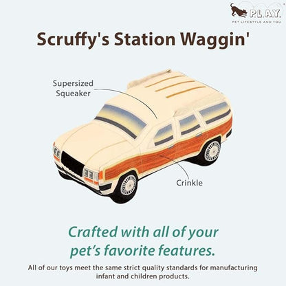 P.L.A.Y. Cute Plush Dog Toys - 1980s Classics Themed Durable Squeaker Crinkle Chew Toy, Great for Puppies & Small, Medium, Large Dogs - Machine Washable, Recycled Materials (Scruffy's Station Waggin')