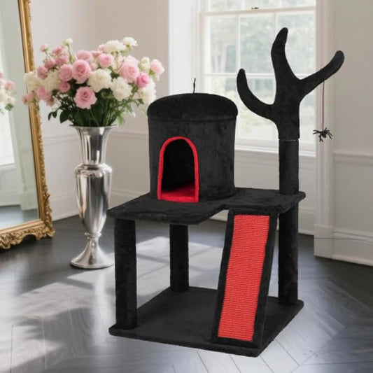 VINGLI 41.8in Gothic Cat Tree, Halloween Cat Tower for Indoor Cats with Dome Cat Condo, Branch Shaped Sisal Scratching Post, Ladder Scratcher & Hanging Spider Toy, Red & Black Cat Furniture