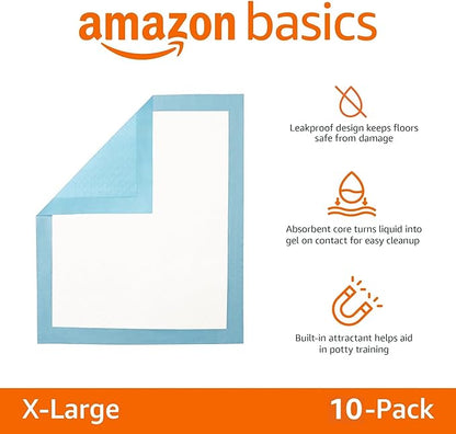 Amazon Basics Heavy Duty Absorbent Dog and Puppy Pee Pads with 5-Layer Leak-Proof Design and Quick-Dry Surface for Potty Training, X-Large, 34 x 28 Inches, Blue & White, 10-Count