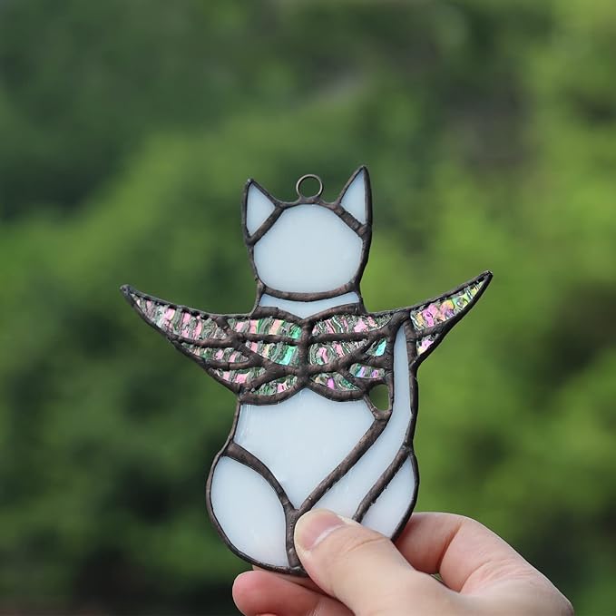 BOXCASA Angel Cat Memorial Gifts for Women,Stained Glass Window Hanging Decorations,Angel Wings White Cat Suncatcher Decor,Pet Memorial Sympathy Gifts Decoration