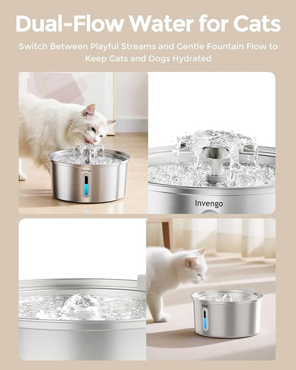 Cat Water Fountain Stainless Steel, 3.2L/108oz Pet Drinking Fountain for Cats Dogs, Automatic Cat Fountain with 2 Flow Modes, Splash-Proof Bowl, Includes 8 Replacement Filters